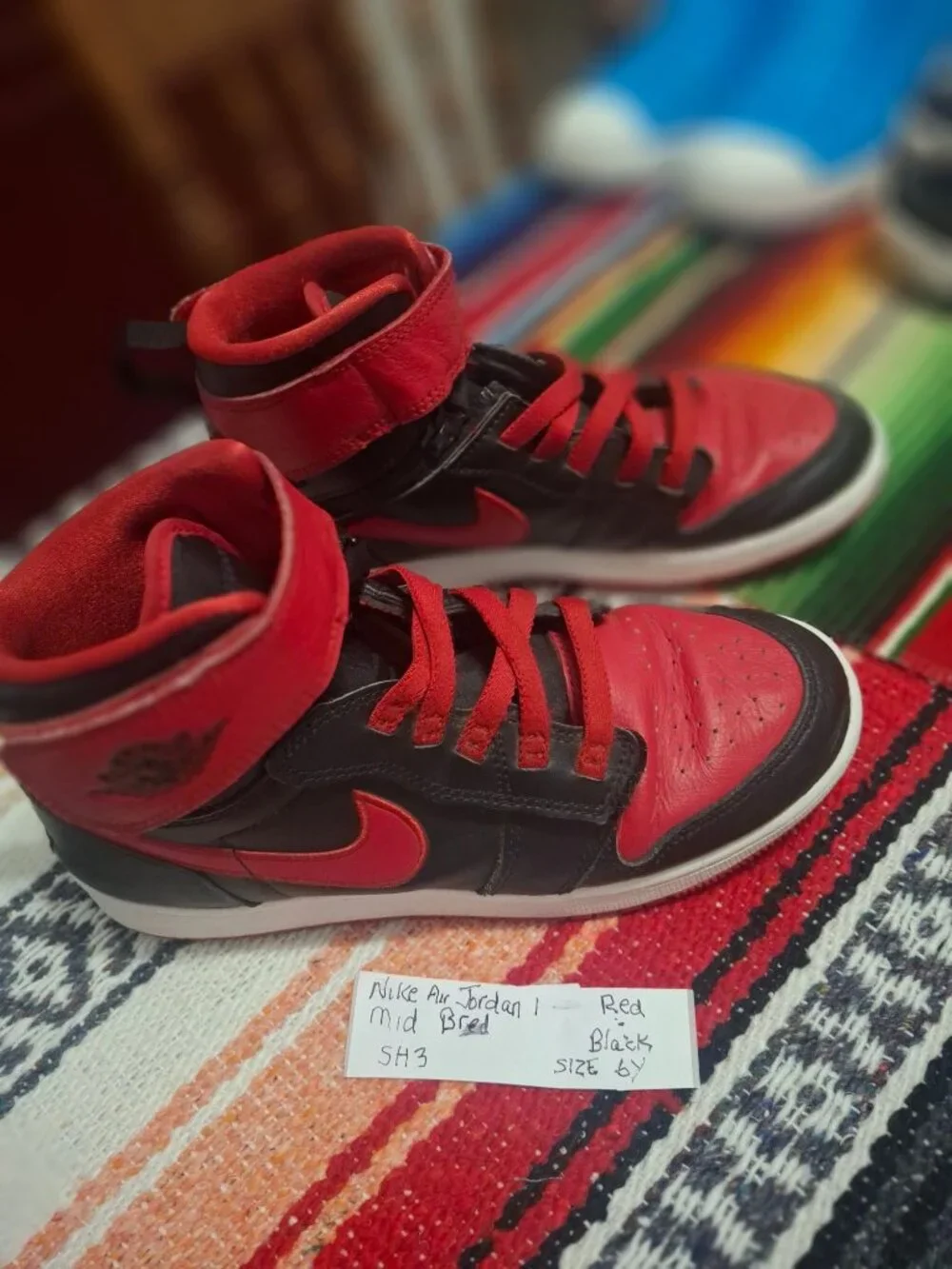 Nike Air Jordan 1 Mid Bred Sneakers Red & Black Leather Size 6Y No Box*sh3